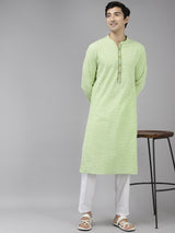 Men White & Lime Green Printed Pure Cotton Straight Kurta With Pajama