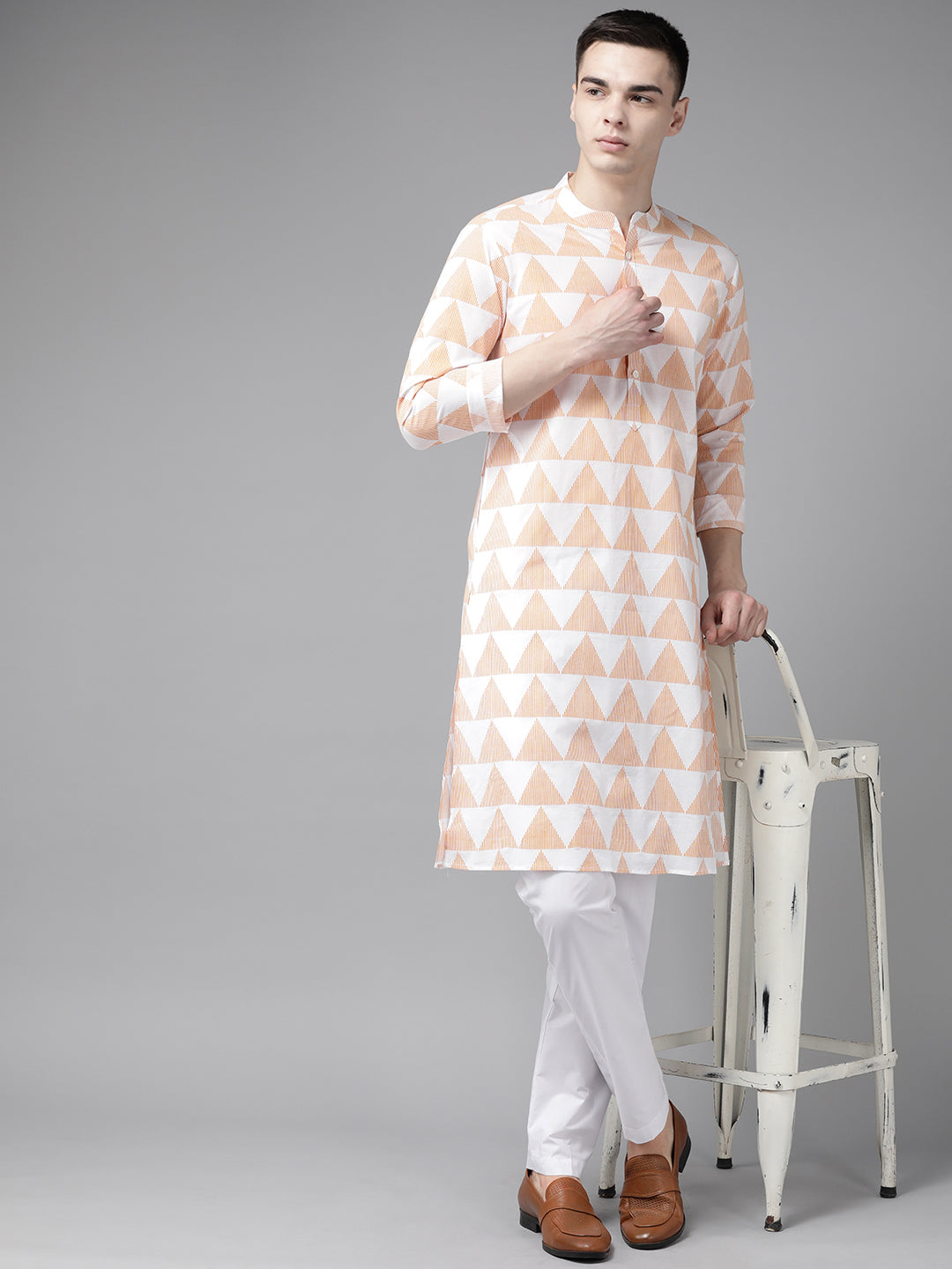 Riwaat.com Men White & Orange Stripe Printed Straight Kurta With Pajama Riwaat Printed