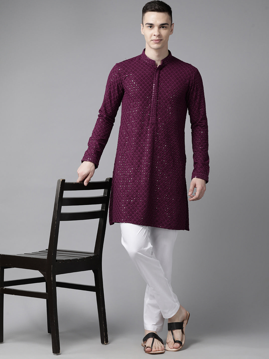Men Megenta Embroidered Sequins Rayon Kurta With pyjama