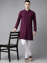 Men Megenta Embroidered Sequins Rayon Kurta With pyjama
