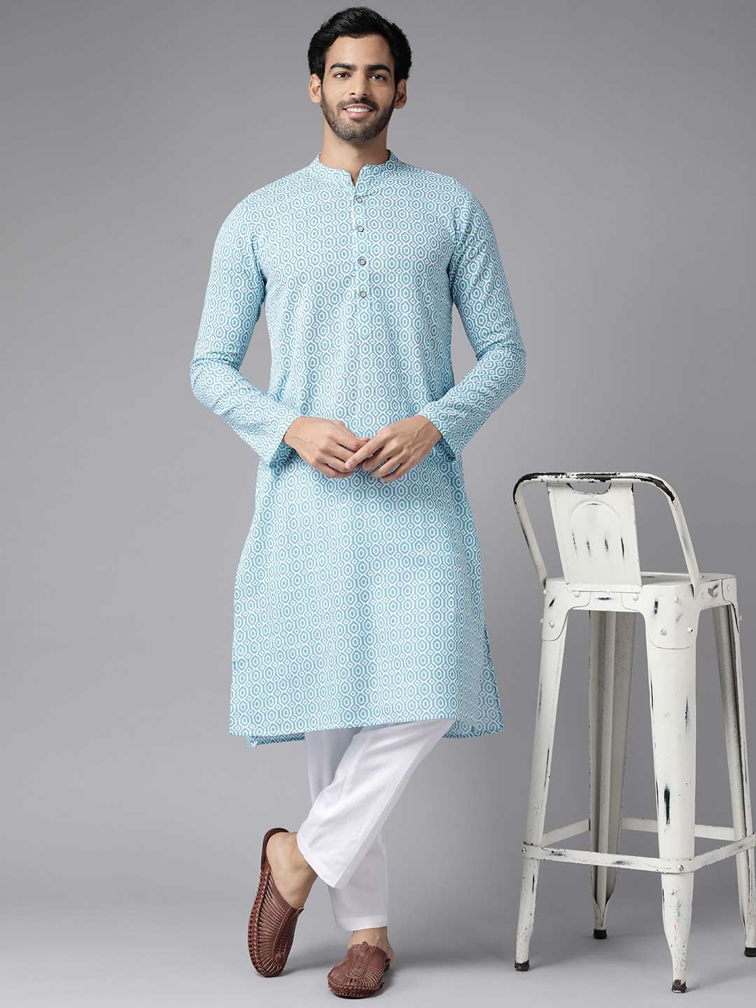 Men Aqua Blue & White Printed Pure Cotton Straight Kurta With Pajama