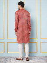 Men Red & Gold Woven Design Thread Work Kurta With pyjama