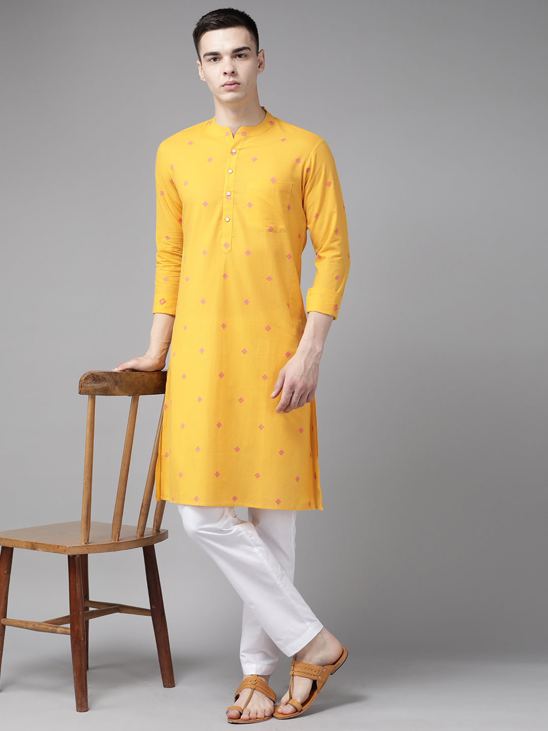 Riwaat.com Men Yellow & Maroon Woven Design Straight Kurta Riwaat Haldi Printed