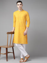 Riwaat.com Men Yellow & Maroon Woven Design Straight Kurta Riwaat Haldi Printed