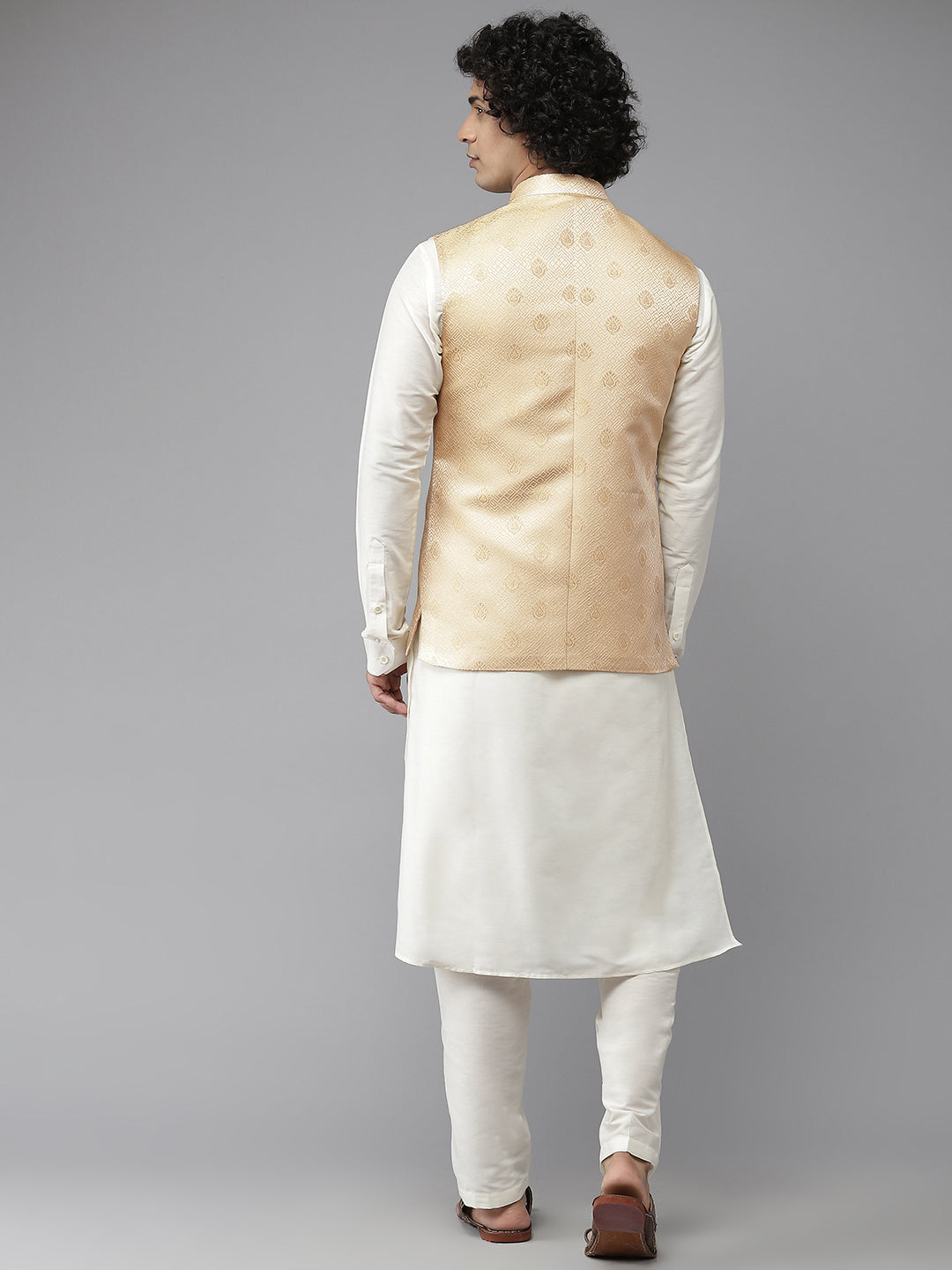 Riwaat.com Men White Solid Kurta Pajama With Golden Weave Nehru jacket Riwaat Indo Western