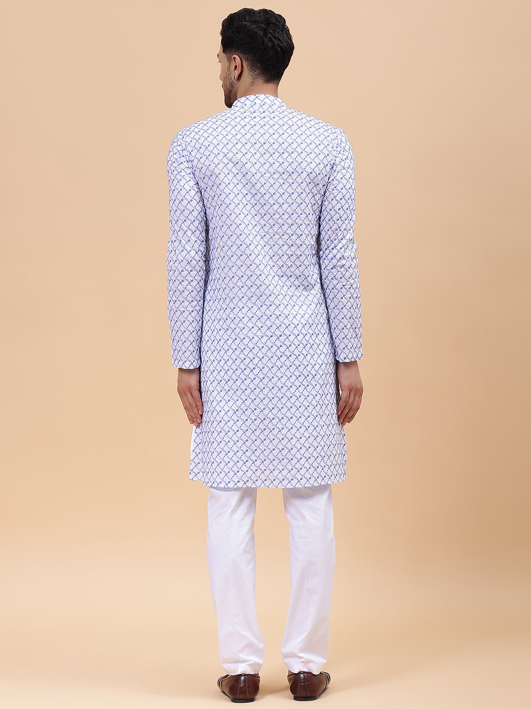 Men White & Blue Pure Cotton Embroidered Straight Kurta