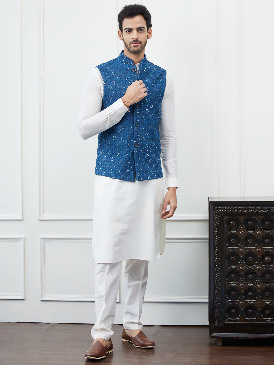 Men Blue Color Woven Design Embroidery With Sequence Cotton Nehru Jacket