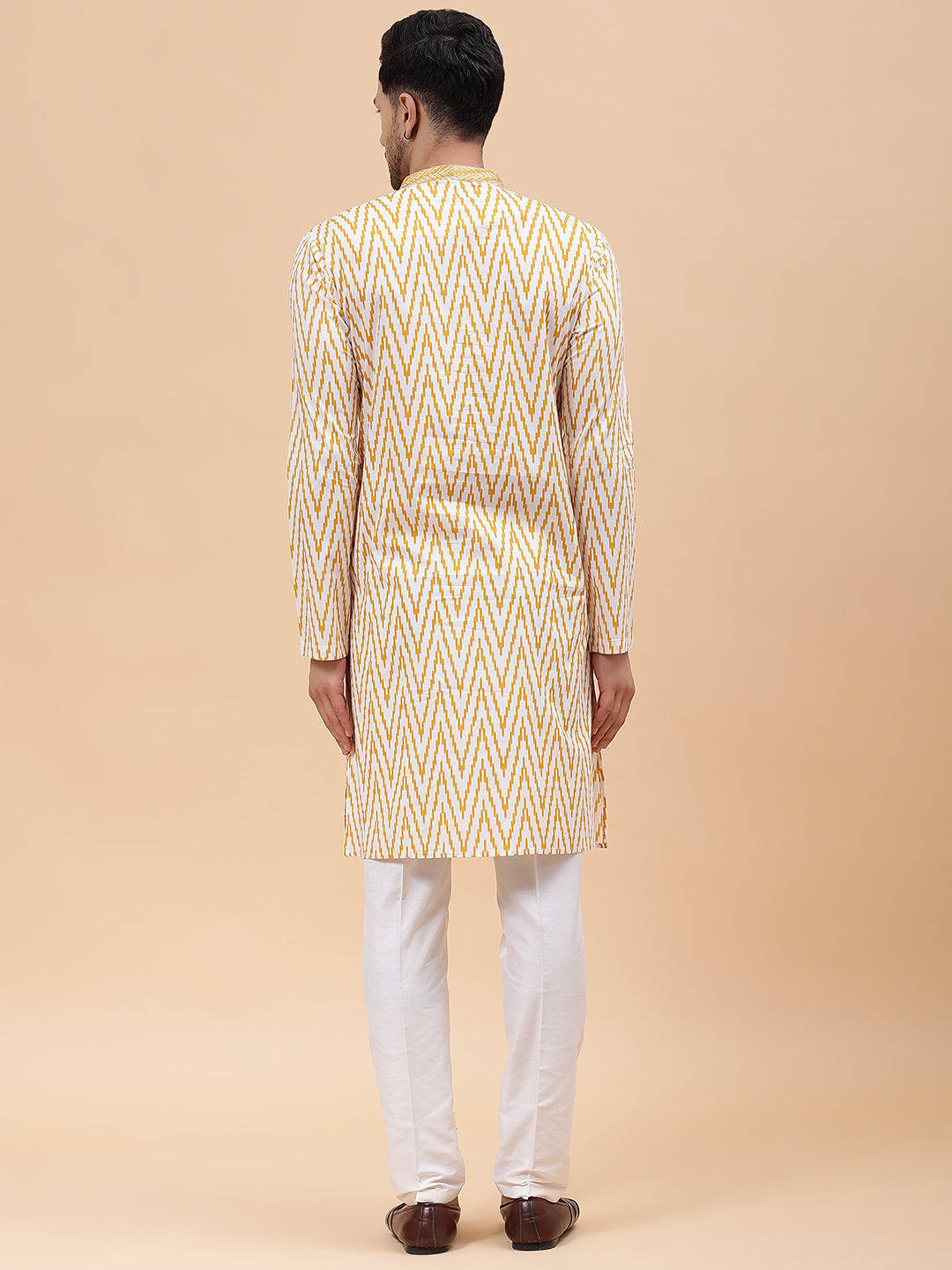 Men White & Mustard Pure Cotton Embroidered Straight Kurta With pyjama