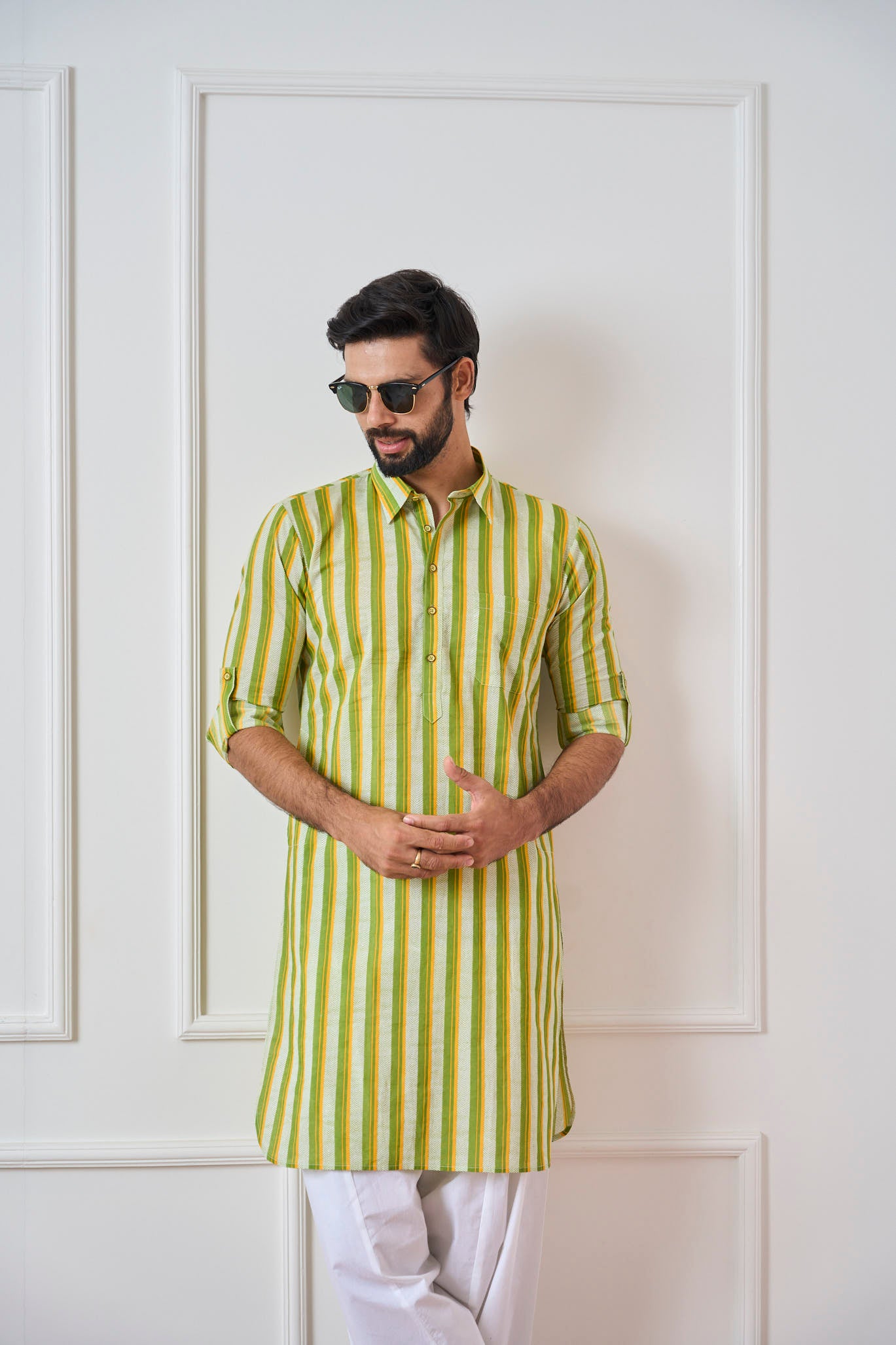 Riwaat.com Men Lime Green Regular Pure Cotton Pathani Kurta Riwaat Floral Mehendi Pathani