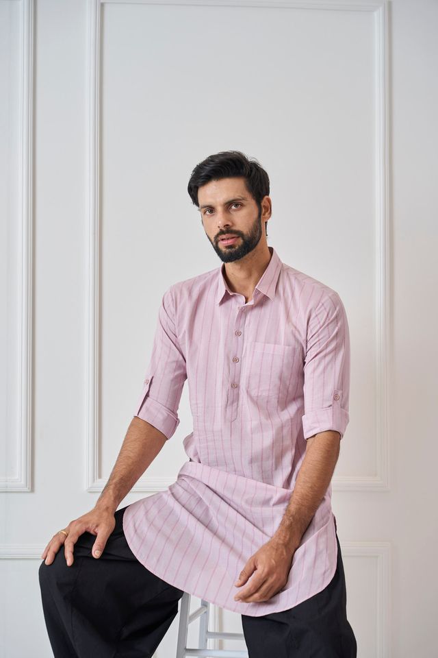 Men Baby Pink Regular Pure Cotton Pathani Kurta