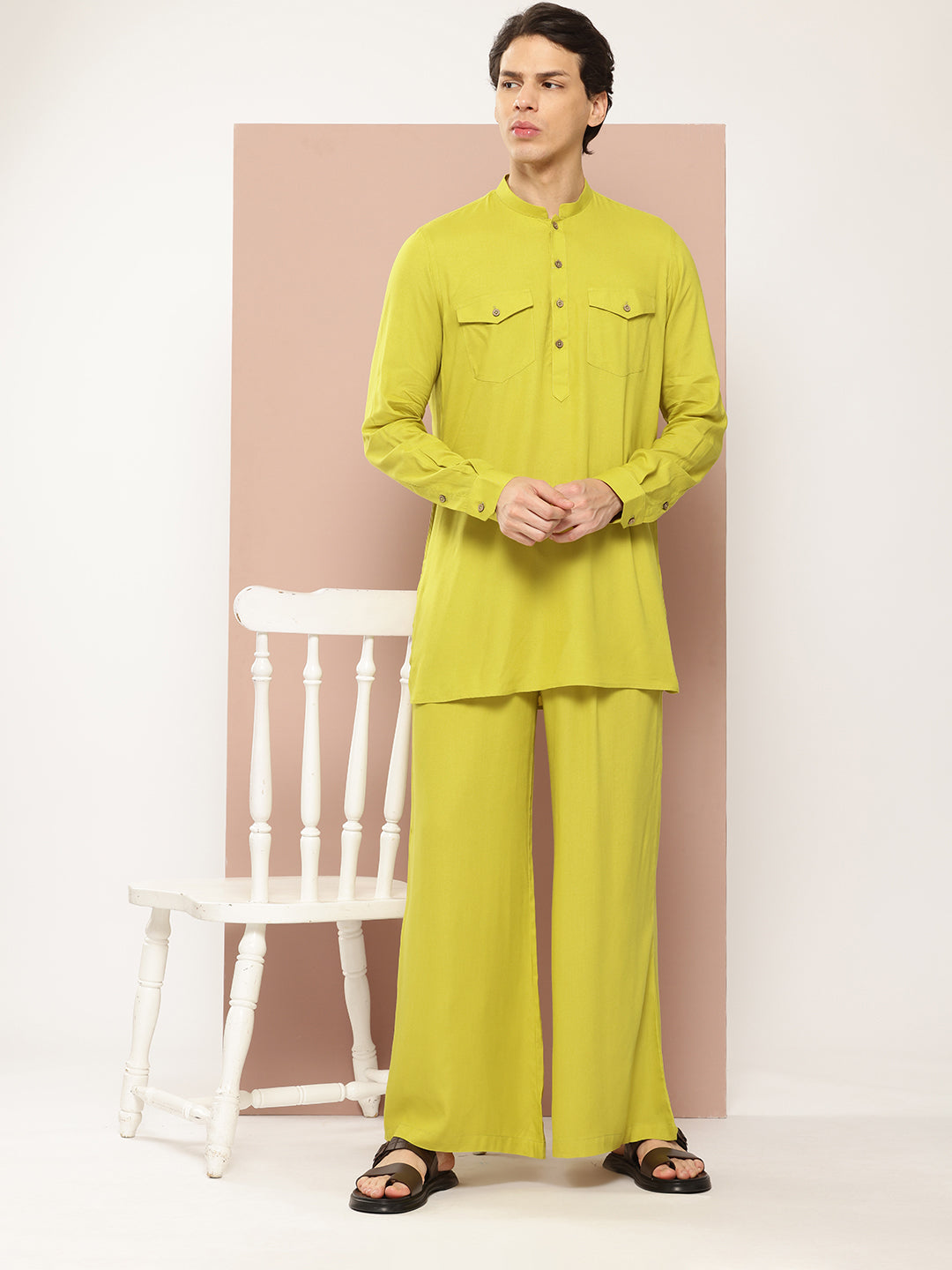 Men Lime Green Rayon Solid Pathani Sets