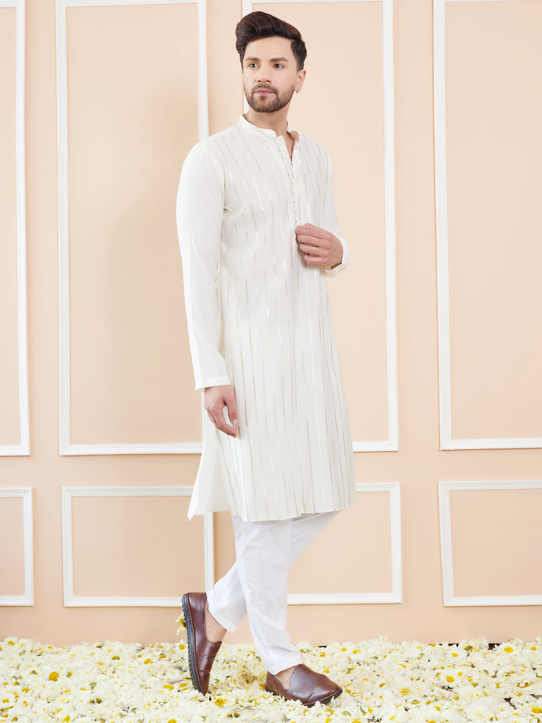 Men Off White And Gold Royale Chanderi Silk Sequins Kurta