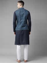 Riwaat.com Men Blue Pure Cotton Kurta Pajama With Indigo Impressions Nehru jacket Riwaat Indo Western