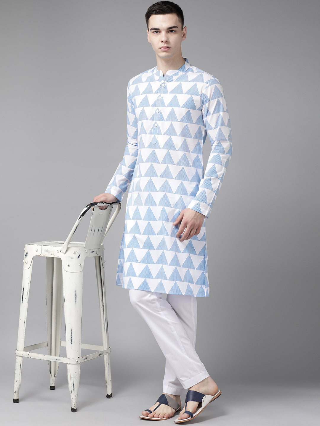 Riwaat.com Men White & Blue Stripe Printed Straight Kurta Riwaat Printed