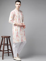 Men White Multi Tie and dye Print Design Straight Kurta With Pajama