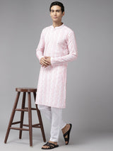 Men White with Pink Pattern Pure Cotton Embroidered Straight Kurta With Pajama