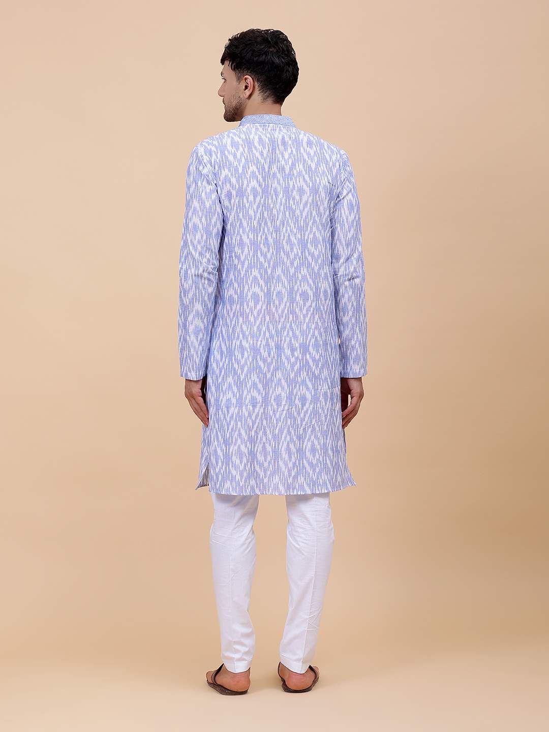 Men Blue & White Yoke Design Embroidered Cotton Kurta