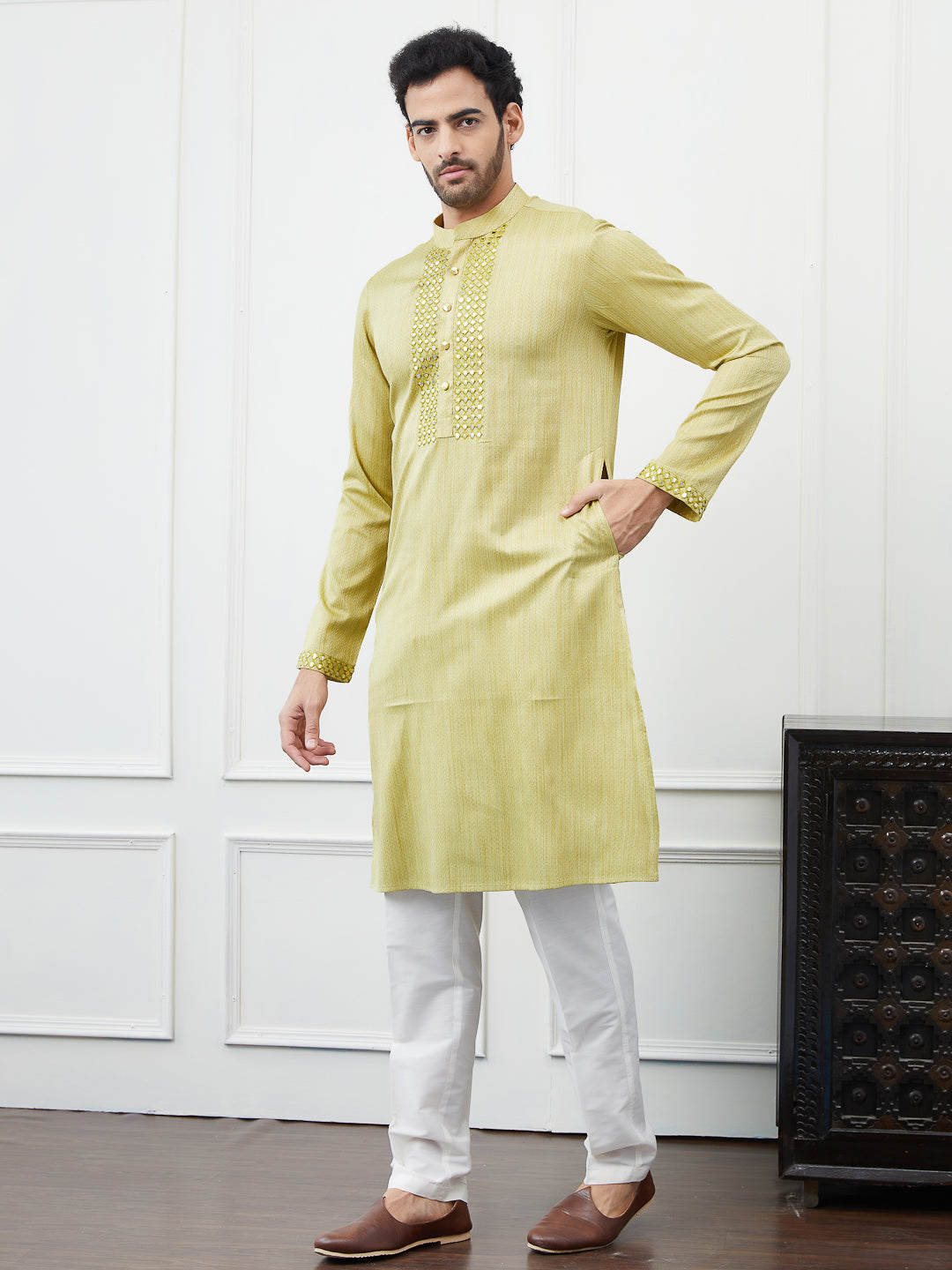 Riwaat.com Men Olive Sequence Mirror Work Cotton Kurta Riwaat Embroidered Mehendi