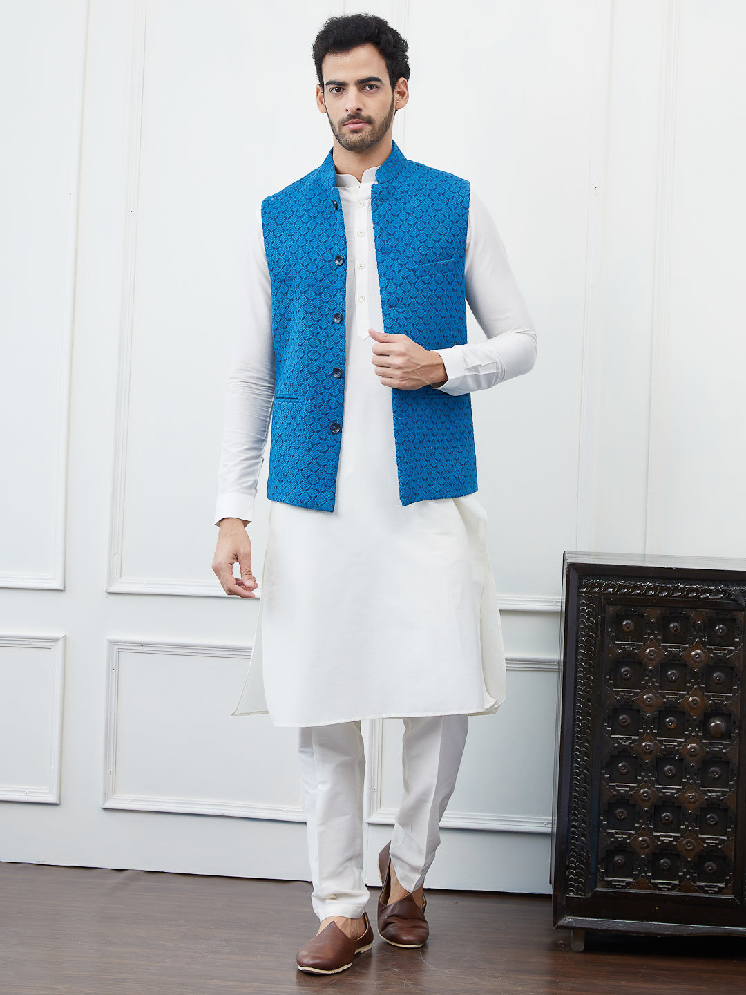 Men Blue Color Woven Design Embroidery Cotton Nehru Jacket