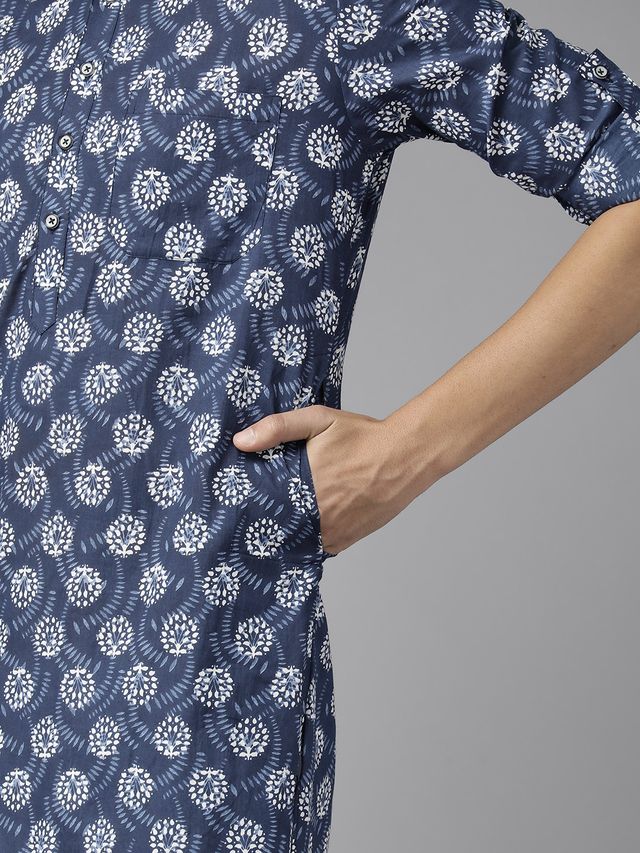 Men Indigo Regular Pure Cotton Pathani Printed Men's Kurta