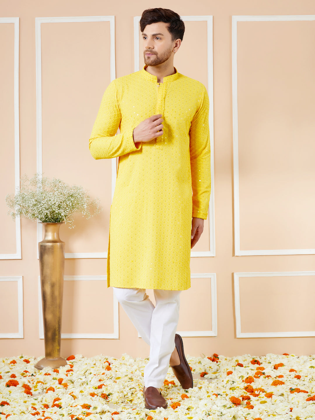 Men Yellow Floral Embroidered Sequin Rayon Kurta
