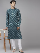 Men Teal Blue & Off White Printed Straight Kurta With Pajama