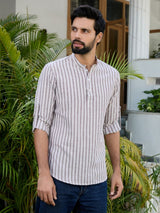 Brown Woven Striped Cotton Short Kurta