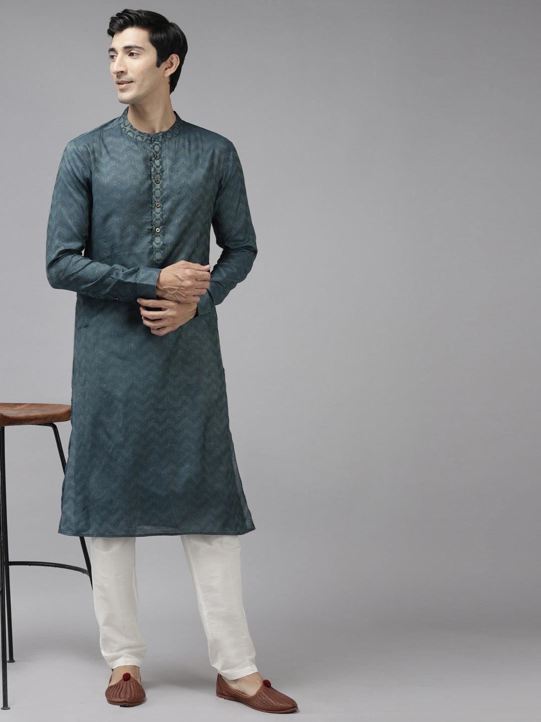 Men Teal & Beige Wave Woven Design Thread Work Kurta