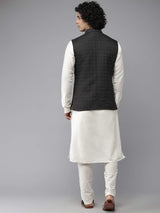 Men Black & White Solid Kurta Pajama With Nehru Jacket