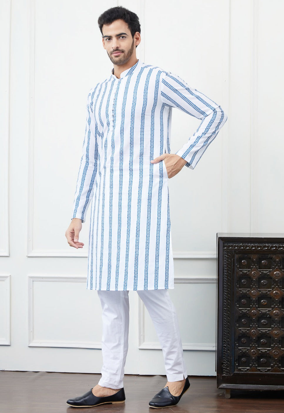 Men White And Blue Sequence Chikankari Embroidered Cotton Kurta