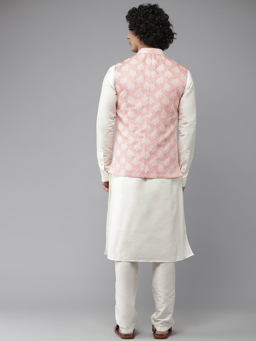 Riwaat.com Men Pink & White Solid Kurta Pajama With Nehru jacket Riwaat Indo Western