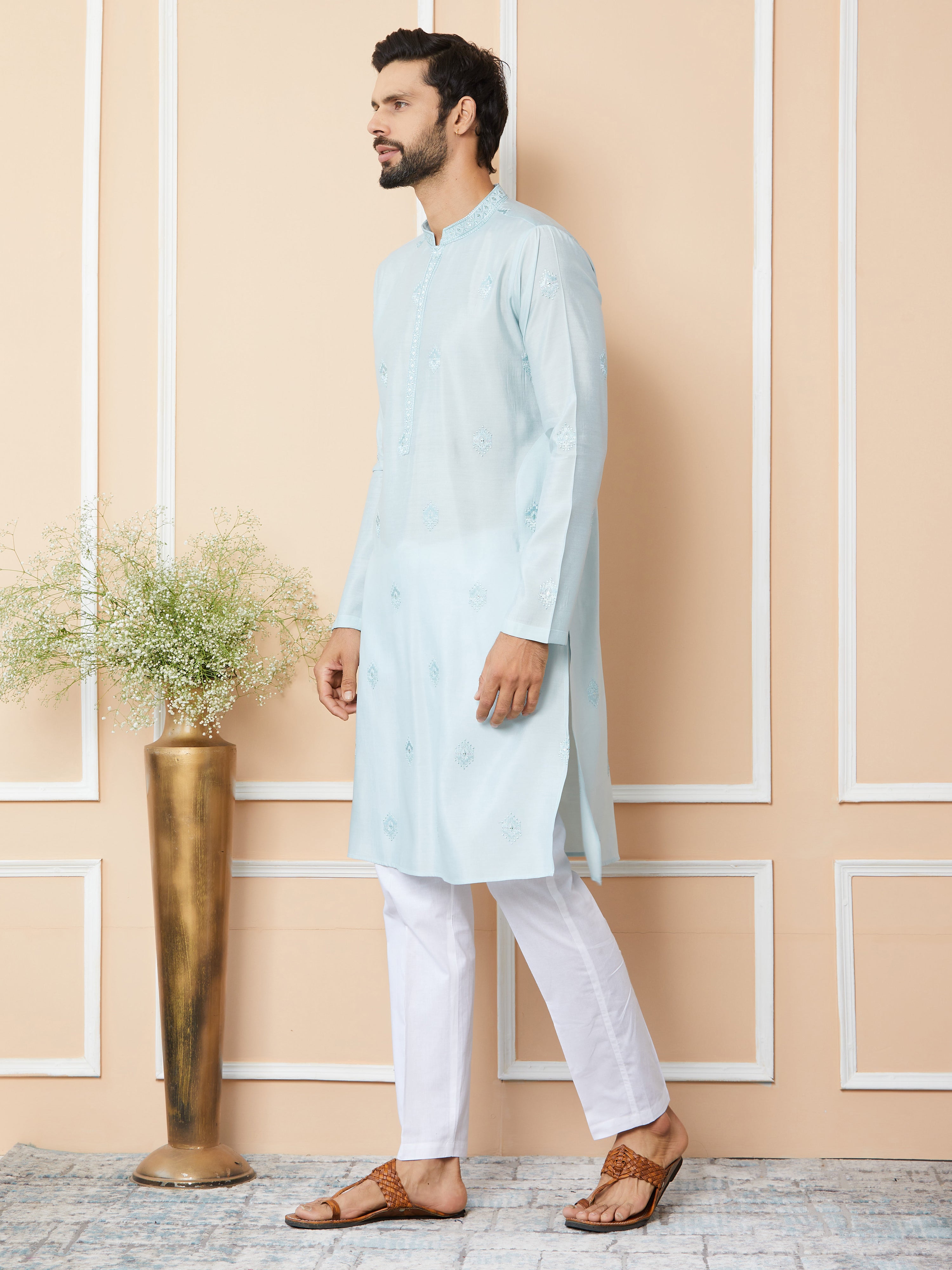 Light Cyan Embroidered Pure Chanderi Silk Straight Kurta with Pyjama