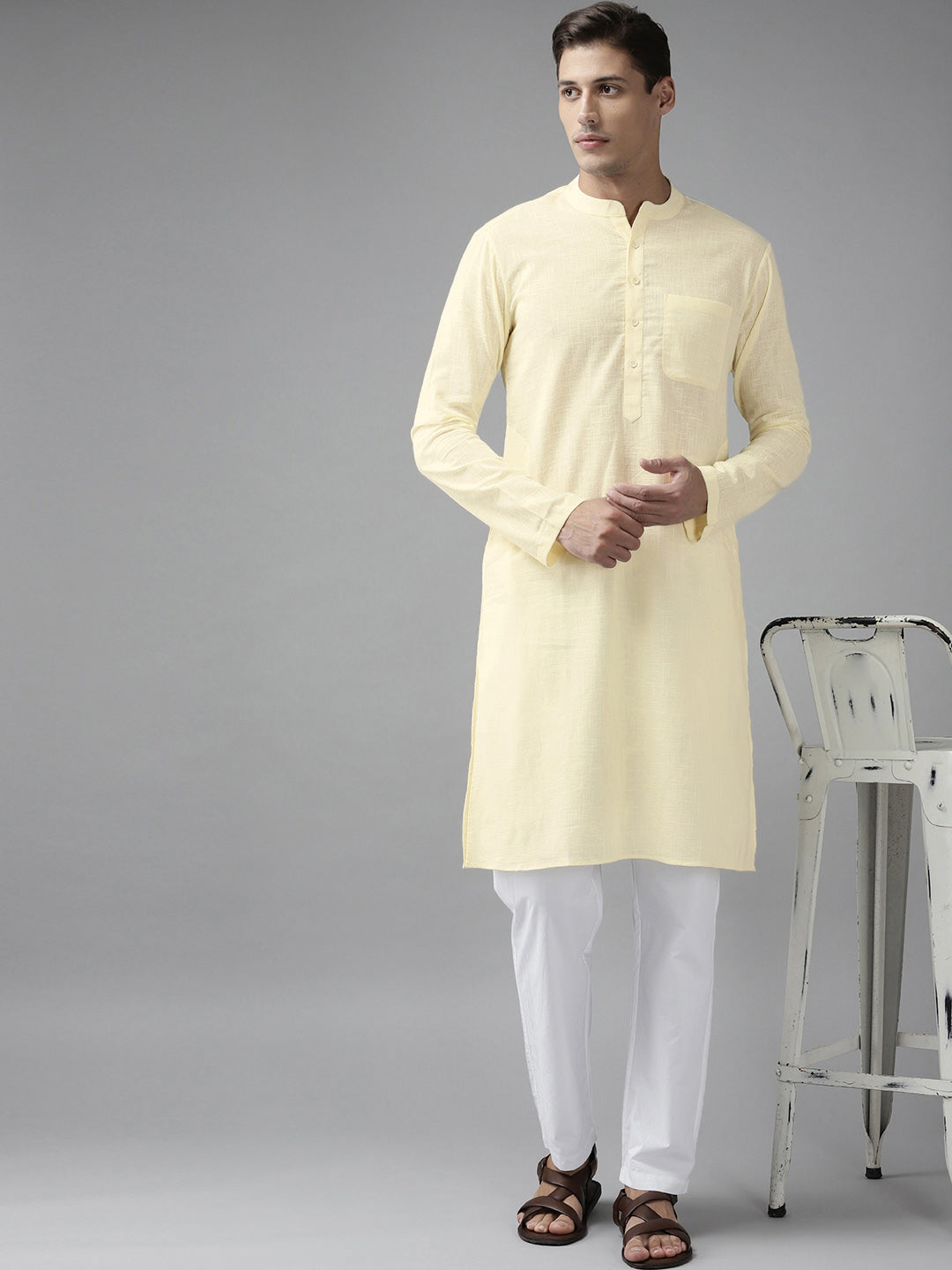 Men Cream Cotton Straight Kurta with Slub Effect With Pajama