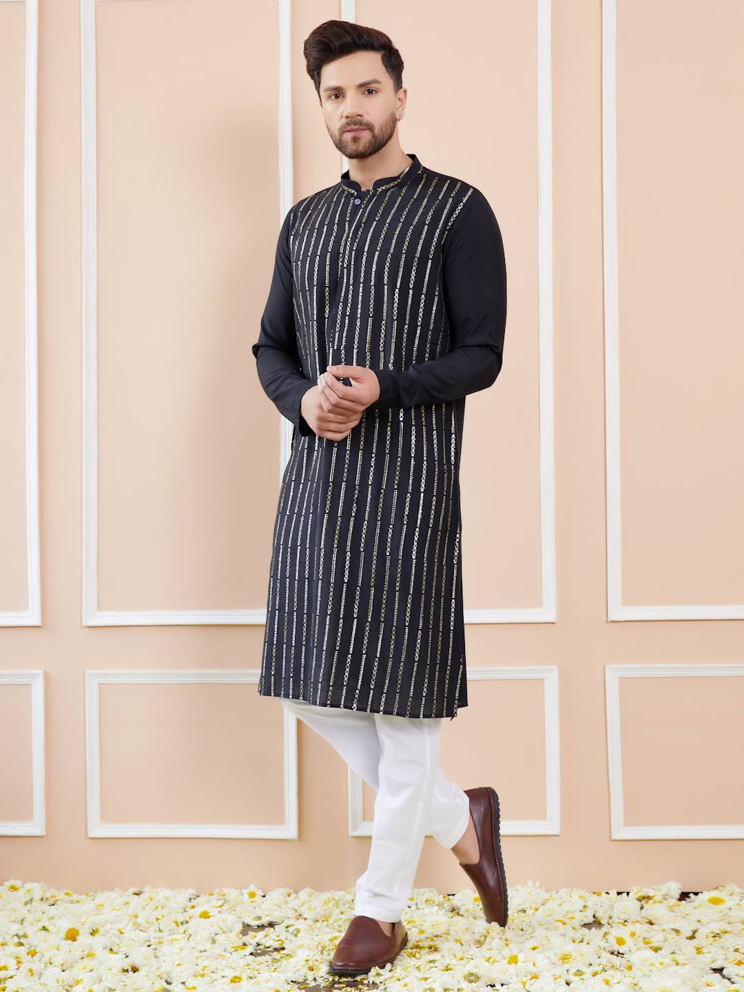 Men Deep Black with Gold Accents Chanderi Silk Sequins Kurta With Pajama