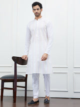 Men White Cotton Multi Thread Work Kurta