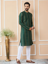 Green Embroidered Thread Work Sequin Chanderi Silk Straight Kurta