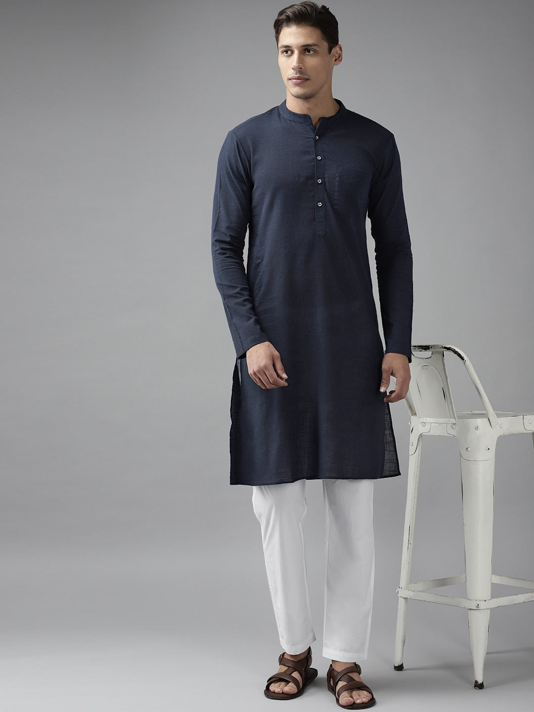 Men Blue Cotton Straight Kurta with Slub Effect With Pajama