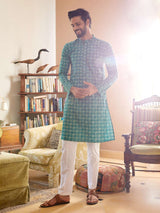 Men Sea Green And White Cotton Leaf Print Straight Kurta With Pajama