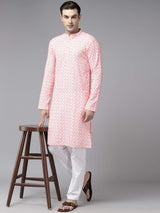 Men Coral Pink Pure Cotton Embroidered Straight Kurta With Pajama