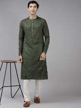 Men Green & Beige Wave Woven Design Thread Work Kurta