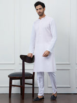 Men White Cotton Pink Thread Work & Sequence Kurta