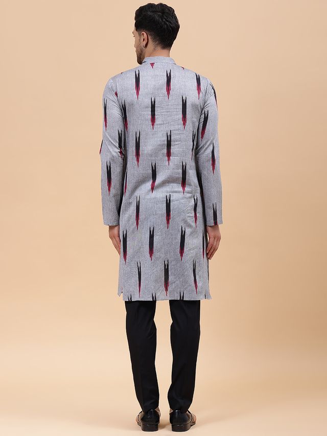 Men Grey & Black Pure Cotton Printed Straight Kurta With pyjama