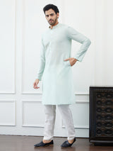 Riwaat.com Men Sea Green & Gold Thread Work Cotton Kurta Riwaat Embroidered Mehendi