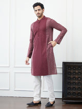 Riwaat.com Men Maroon & Gold Thread Work Embroidery Cotton Silk Kurta Riwaat Embroidered