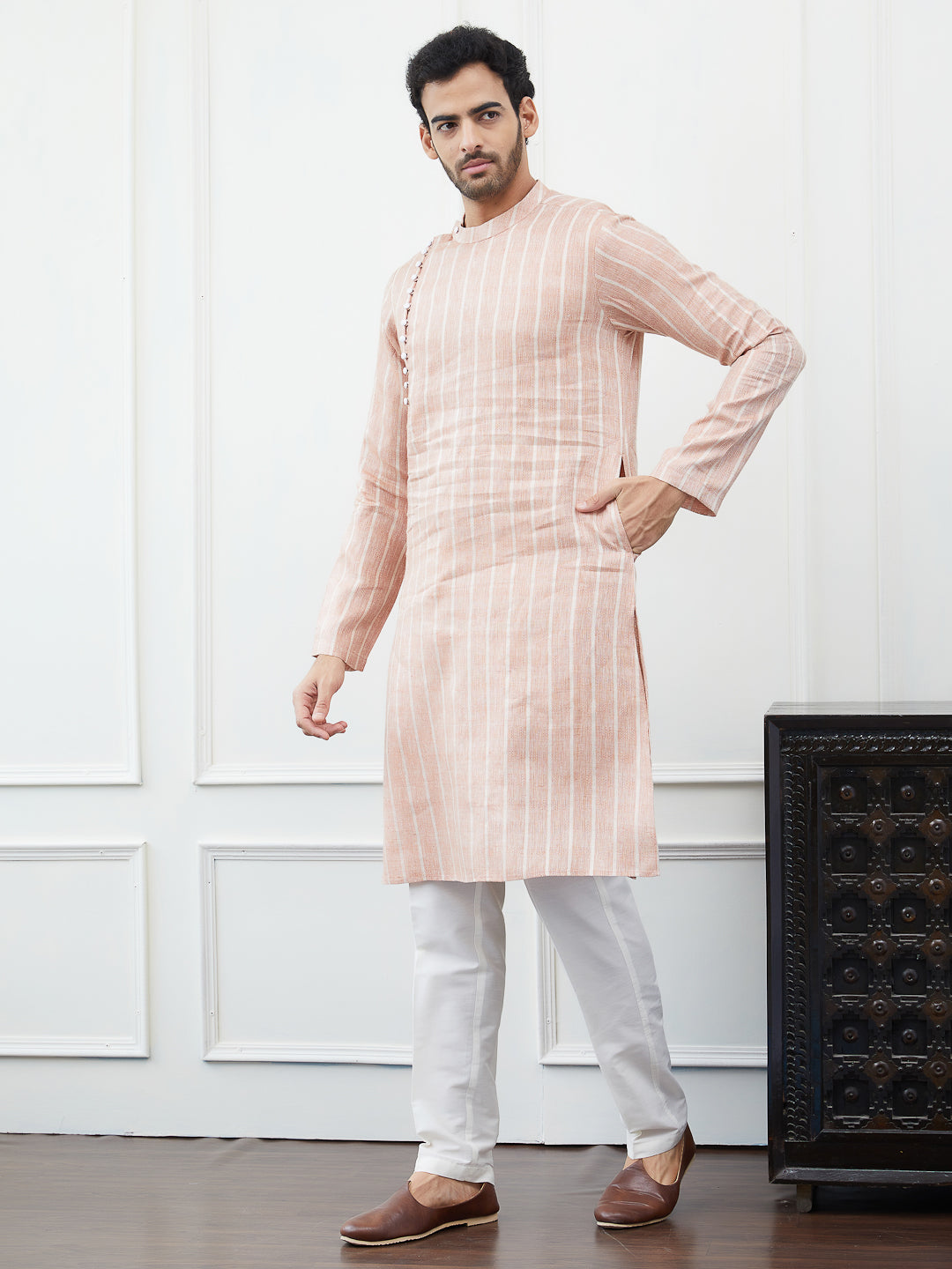 Men Peach Thread Work Cotton Kurta