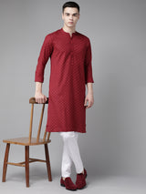 Men Maroon & Gold Printed Straight Kurta With Pajama