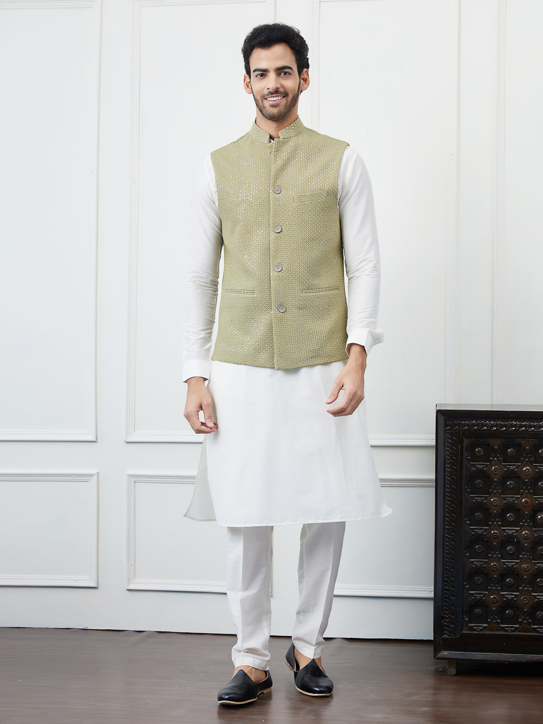 Men Khaki Color Woven Design Embroidery With Sequence Cotton Nehru Jacket