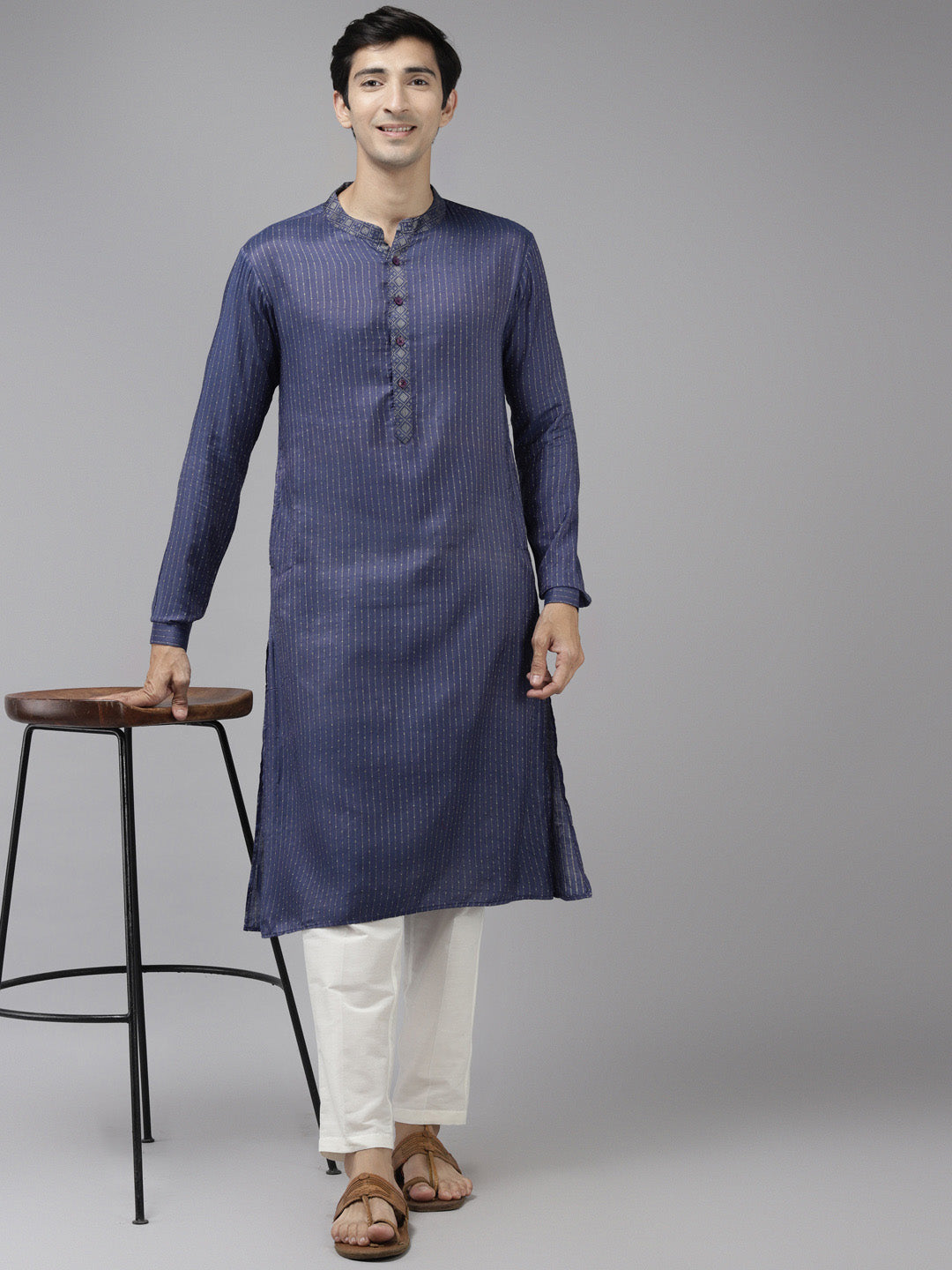 Men Purple & Beige Toned Woven Design Thread Work Kurta