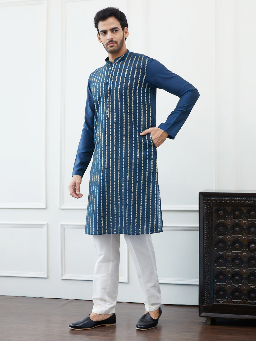 Riwaat.com Men Teal & Gold Sequence Striped Cotton Kurta Riwaat Embroidered