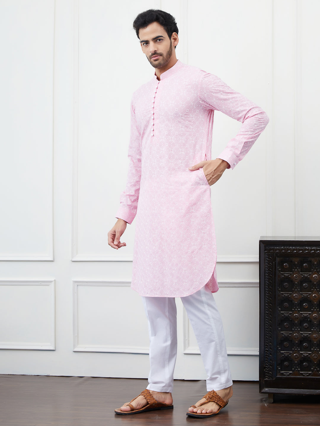 Men Peach Embroidered Cotton Kurta